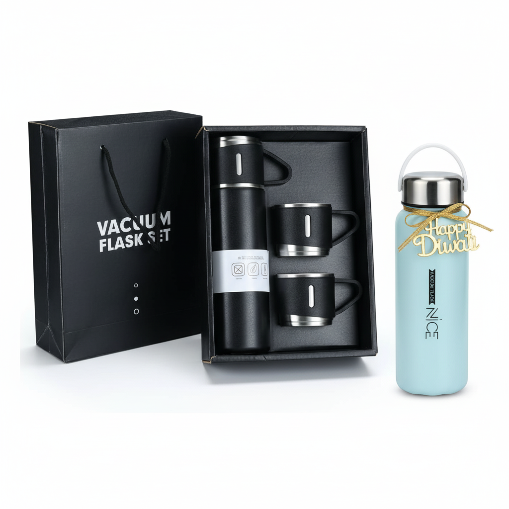 Diwali Gift Combo – Premium Stainless Steel Vacuum Flask Set (1 Flask + 2 Cups) with Stylish Nice Water Bottle (1000 ml)