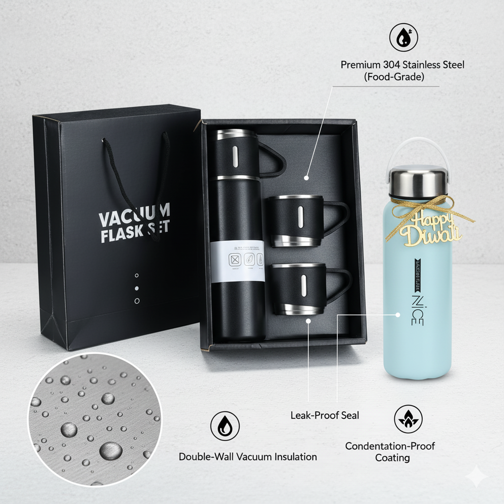 Diwali Gift Combo – Premium Stainless Steel Vacuum Flask Set (1 Flask + 2 Cups) with Stylish Nice Water Bottle (1000 ml)